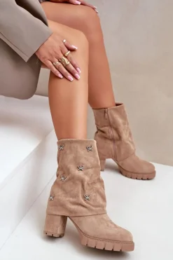 Boto Botki Ocieplane|Botki Na Słupku*Zdobione Botki Z Wywiniętą Cholewką Na Słupku Beżowe Esadora Beżowy