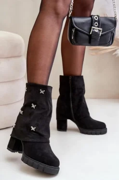 Damskie Boto Zdobione Botki Z Wywiniętą Cholewką Na Słupku Czarne Esadora