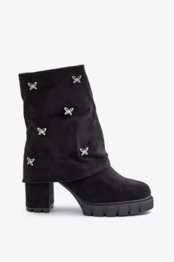 Damskie Boto Zdobione Botki Z Wywiniętą Cholewką Na Słupku Czarne Esadora