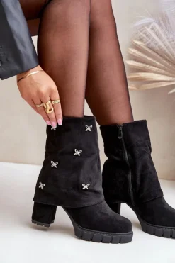 Damskie Boto Zdobione Botki Z Wywiniętą Cholewką Na Słupku Czarne Esadora