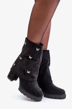 Damskie Boto Zdobione Botki Z Wywiniętą Cholewką Na Słupku Czarne Esadora