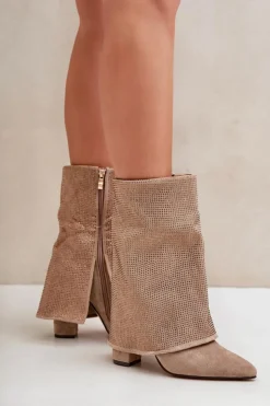 Boto Botki Ocieplane|Botki Na Obcasie*Zdobione Błyszczące Botki Z Wywiniętą Cholewką Na Słupku Ocieplane Beżowe Xistaria Beżowy