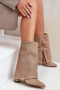 Boto Botki Ocieplane|Botki Na Obcasie*Zdobione Błyszczące Botki Z Wywiniętą Cholewką Na Słupku Ocieplane Beżowe Xistaria Beżowy