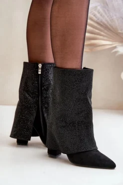 Damskie Boto Zdobione Błyszczące Botki Z Wywiniętą Cholewką Na Słupku Ocieplane Czarne Xistaria