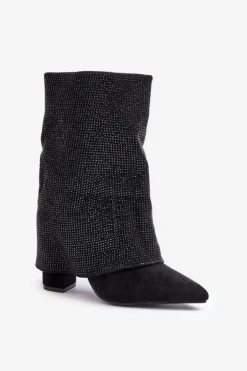 Damskie Boto Zdobione Błyszczące Botki Z Wywiniętą Cholewką Na Słupku Ocieplane Czarne Xistaria