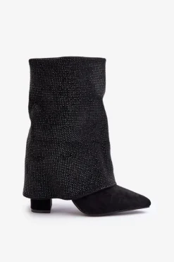 Damskie Boto Zdobione Błyszczące Botki Z Wywiniętą Cholewką Na Słupku Ocieplane Czarne Xistaria