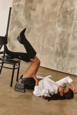 Damskie Boto Zdobione Dżetami Kozaki Kowbojki Damskie Przed Kolano Czarne Poelstra