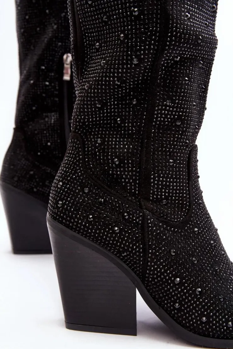 Damskie Boto Zdobione Dżetami Kozaki Kowbojki Damskie Przed Kolano Czarne Poelstra