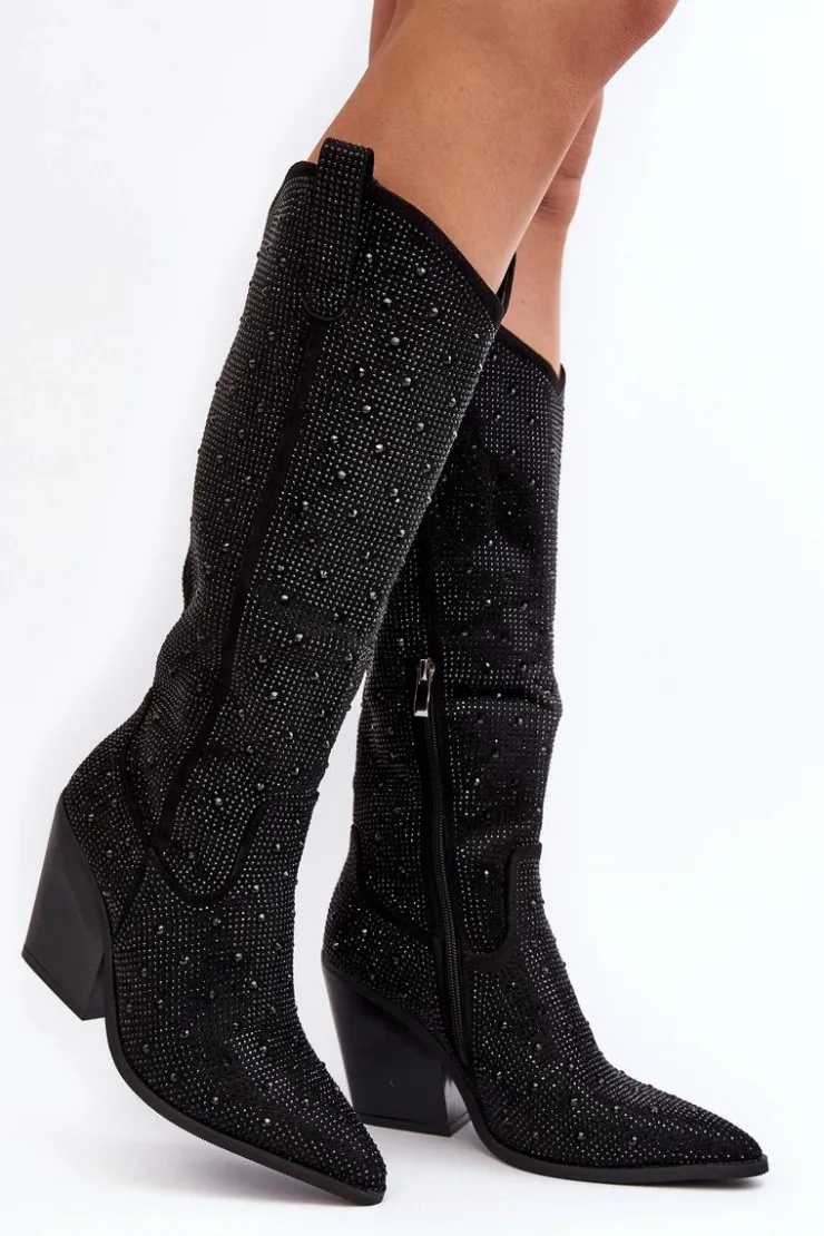 Damskie Boto Zdobione Dżetami Kozaki Kowbojki Damskie Przed Kolano Czarne Poelstra