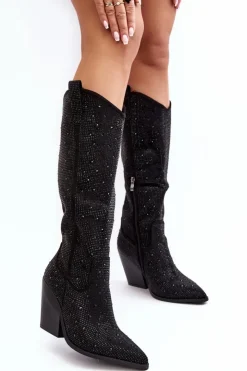 Damskie Boto Zdobione Dżetami Kozaki Kowbojki Damskie Przed Kolano Czarne Poelstra