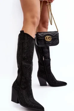 Damskie Boto Zdobione Dżetami Kozaki Kowbojki Damskie Przed Kolano Czarne Poelstra