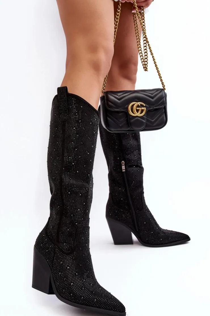 Damskie Boto Zdobione Dżetami Kozaki Kowbojki Damskie Przed Kolano Czarne Poelstra