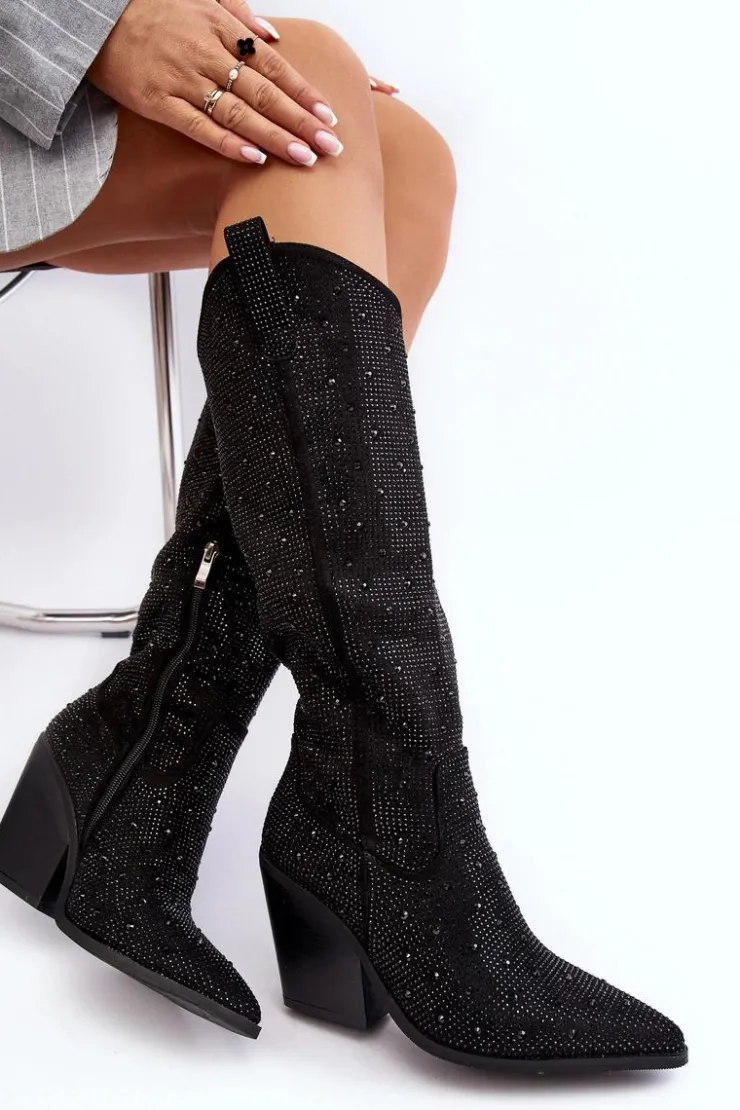 Damskie Boto Zdobione Dżetami Kozaki Kowbojki Damskie Przed Kolano Czarne Poelstra