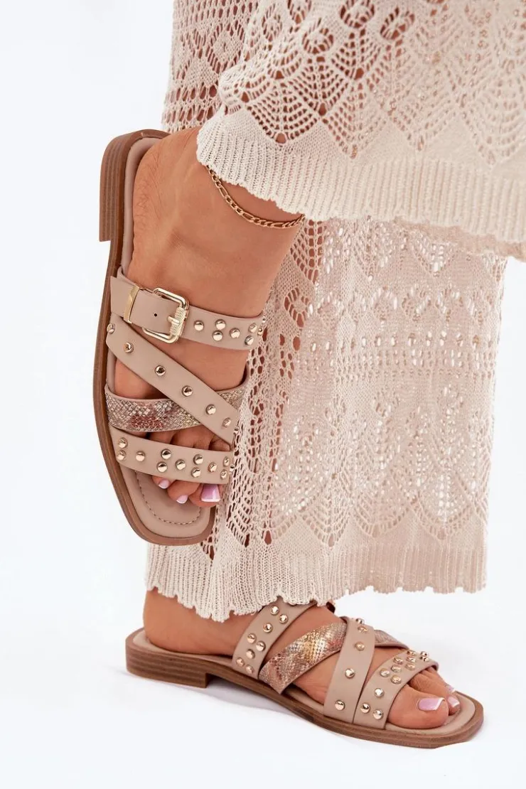 Clearance Boto Zdobione Klapki Damskie Na Płaskim Obcasie Z Paskami I Klamrą Beżowe Manitte Beżowy