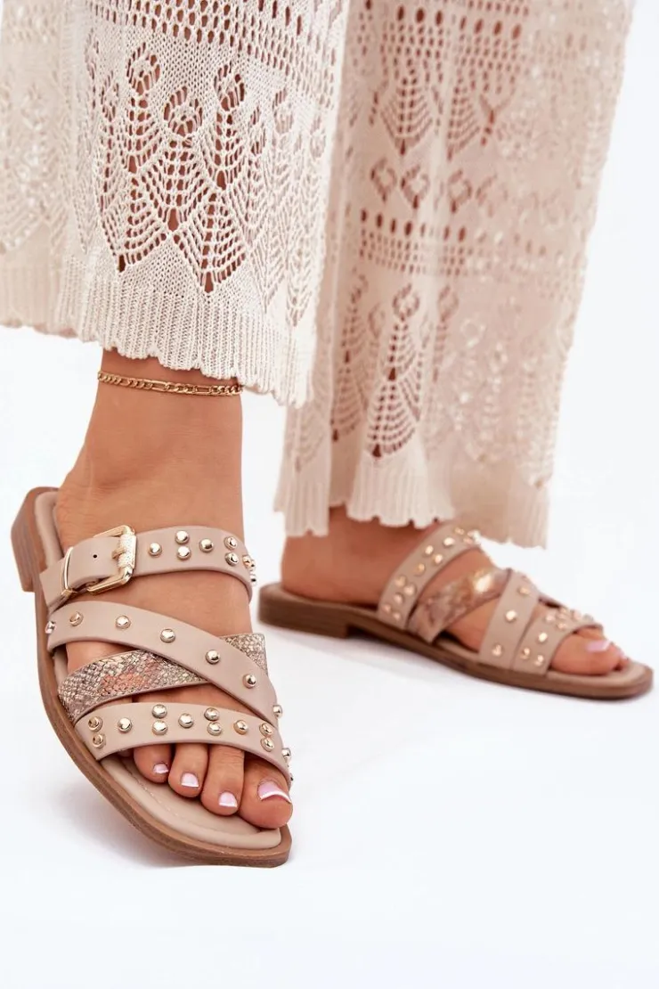 Clearance Boto Zdobione Klapki Damskie Na Płaskim Obcasie Z Paskami I Klamrą Beżowe Manitte Beżowy