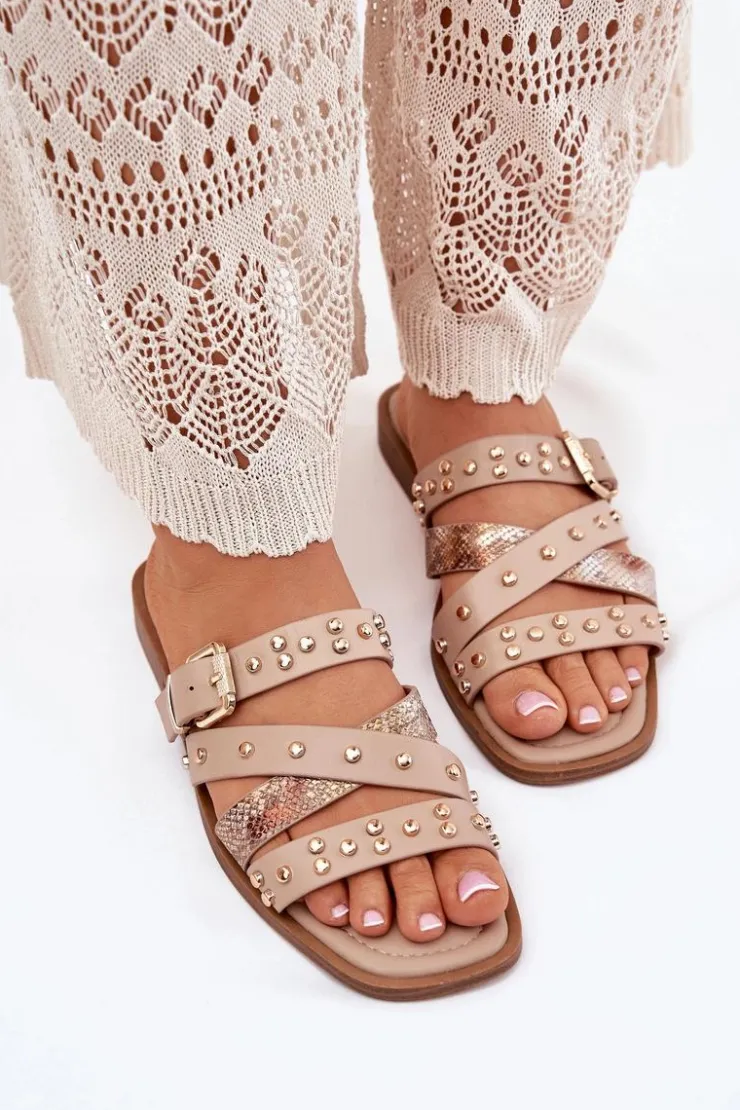 Clearance Boto Zdobione Klapki Damskie Na Płaskim Obcasie Z Paskami I Klamrą Beżowe Manitte Beżowy