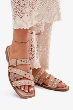 Clearance Boto Zdobione Klapki Damskie Na Płaskim Obcasie Z Paskami I Klamrą Beżowe Manitte Beżowy