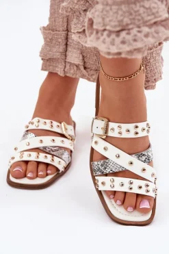 Boto Klapki Damskie Klasyczne*Zdobione Klapki Damskie Na Płaskim Obcasie Z Paskami I Klamrą Białe Manitte Biały