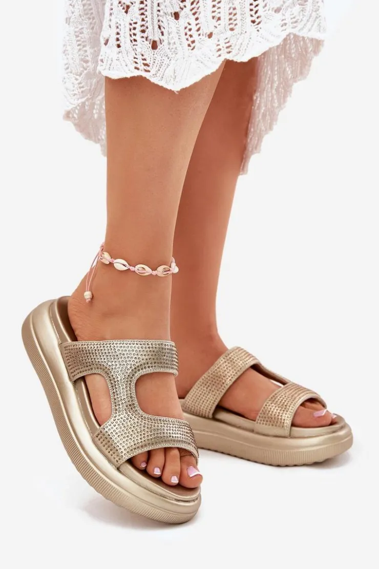 Boto Klapki Damskie Klasyczne*Zdobione Klapki Damskie Na Platformie Złote Jestella Złoty