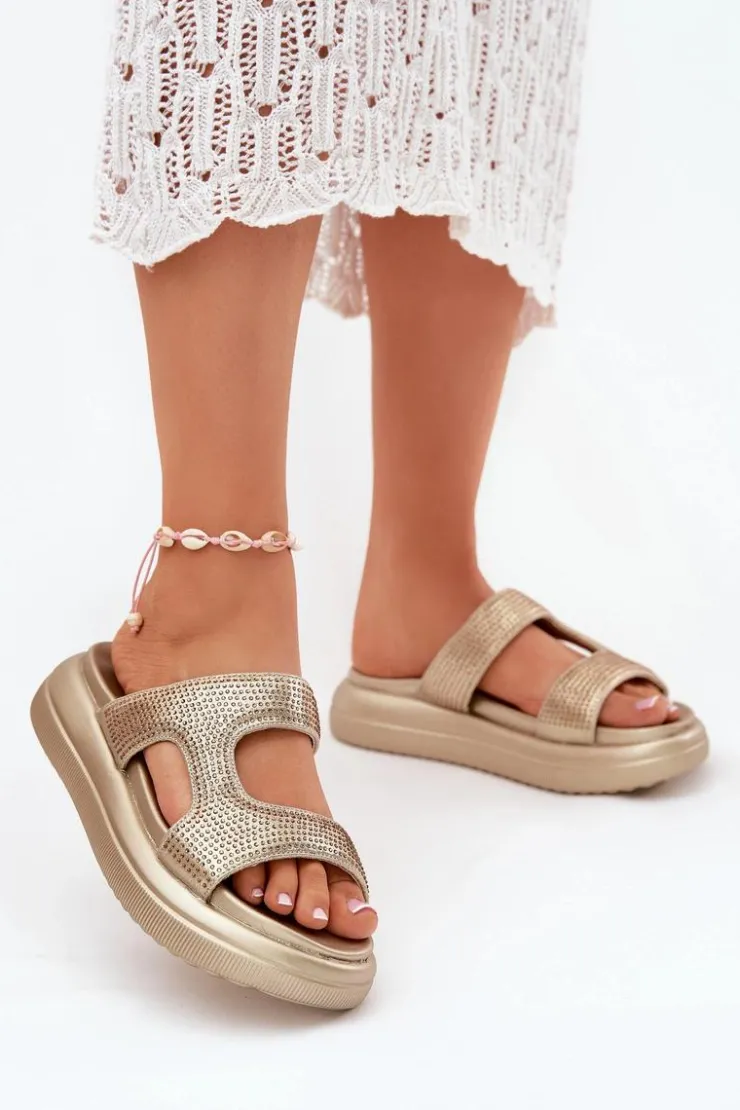 Boto Klapki Damskie Klasyczne*Zdobione Klapki Damskie Na Platformie Złote Jestella Złoty