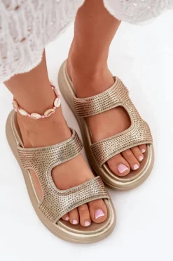 Boto Klapki Damskie Klasyczne*Zdobione Klapki Damskie Na Platformie Złote Jestella Złoty