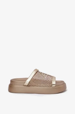 Damskie buty S.Barski Klapki Na Platformie|Klapki Damskie Klasyczne*Zdobione Klapki Damskie Na Platformie Z Siateczką S.Barski MY51-016 Złote