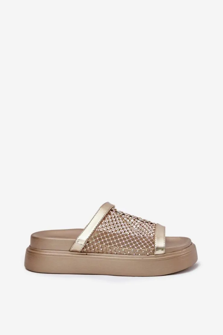 Damskie buty S.Barski Klapki Na Platformie|Klapki Damskie Klasyczne*Zdobione Klapki Damskie Na Platformie Z Siateczką S.Barski MY51-016 Złote