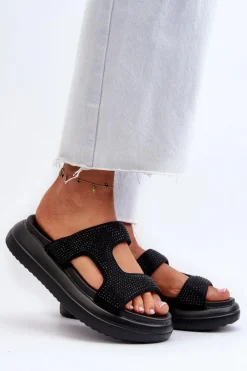 Boto Klapki Damskie Klasyczne*Zdobione Klapki Damskie Na Platformie Czarne Jestella Czarny