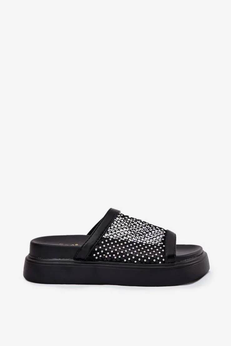 Damskie buty S.Barski Zdobione Klapki Damskie Na Platformie Z Siateczką S.Barski MY51-016 Czarne