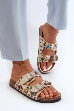 Damskie buty S.Barski Klapki Korkowe|Klapki Na Platformie*Zdobione Klapki Damskie Z Klamrami S.Barski MY121 Złote