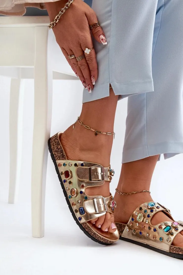 Damskie buty S.Barski Klapki Korkowe|Klapki Na Platformie*Zdobione Klapki Damskie Z Klamrami S.Barski MY121 Złote