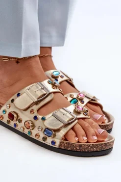 Damskie buty S.Barski Klapki Korkowe|Klapki Na Platformie*Zdobione Klapki Damskie Z Klamrami S.Barski MY121 Złote