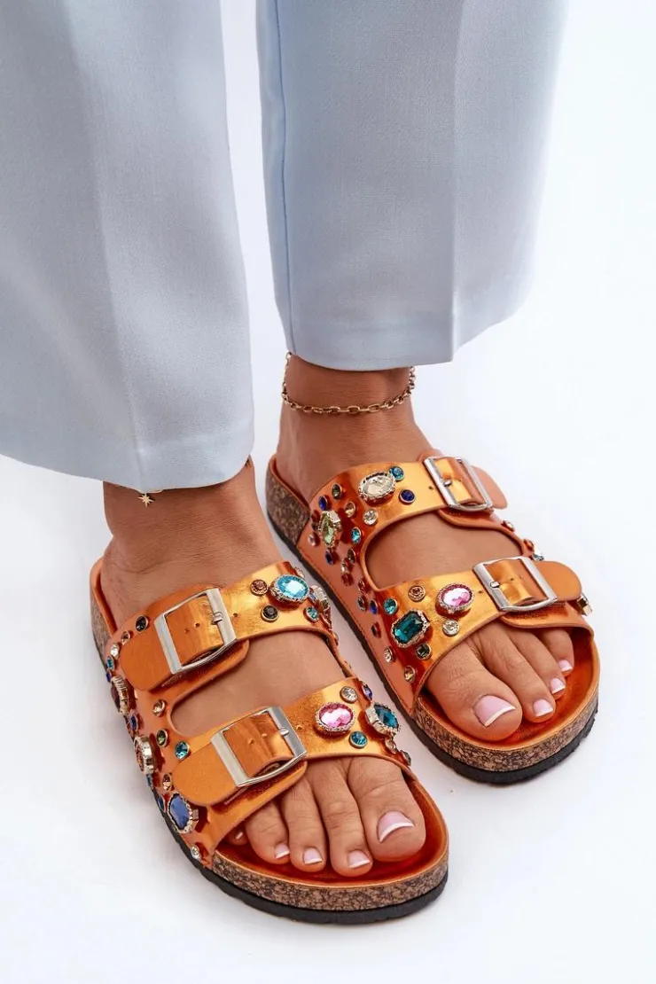 Damskie buty S.Barski Klapki Korkowe|Klapki Na Platformie*Zdobione Klapki Damskie Z Klamrami S.Barski MY121 Pomarańczowe Pomarańczowy