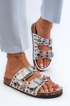 Sale Damskie buty S.Barski Zdobione Klapki Damskie Z Klamrami S.Barski MY121 Srebrne Srebrny