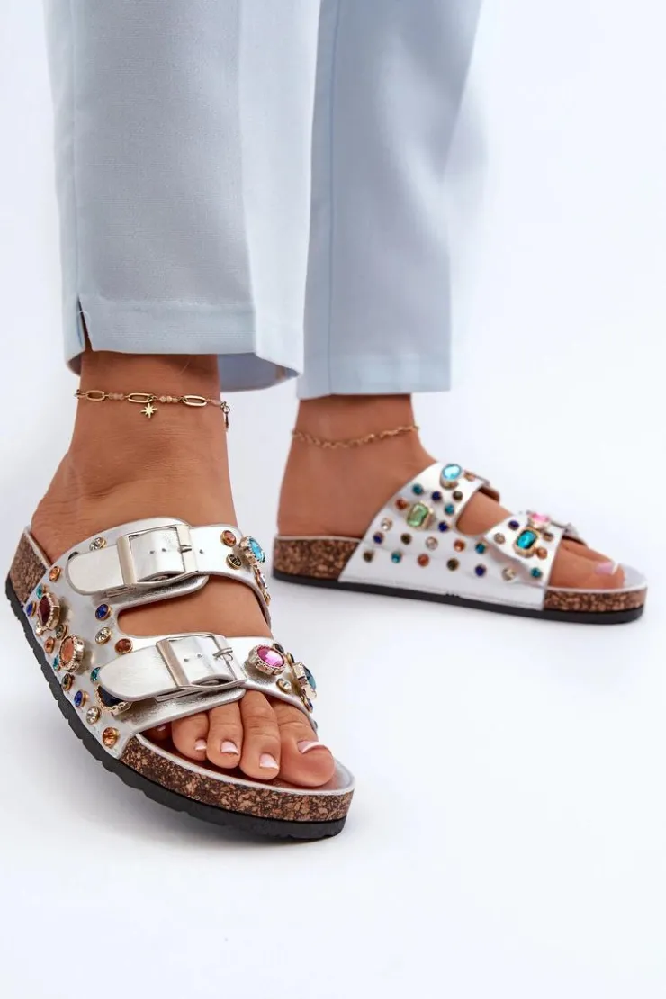 Sale Damskie buty S.Barski Zdobione Klapki Damskie Z Klamrami S.Barski MY121 Srebrne Srebrny