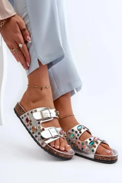 Sale Damskie buty S.Barski Zdobione Klapki Damskie Z Klamrami S.Barski MY121 Srebrne Srebrny