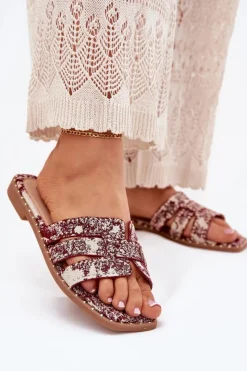 Boto Klapki Damskie Klasyczne*Zdobione Klapki Na Płaskim Obcasie Bordowe Anniles Czerwony