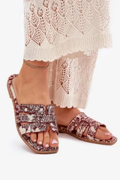 Boto Klapki Damskie Klasyczne*Zdobione Klapki Na Płaskim Obcasie Bordowe Anniles Czerwony