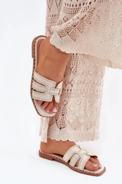 Damskie Boto Zdobione Klapki Na Płaskim Obcasie Beżowe Anniles