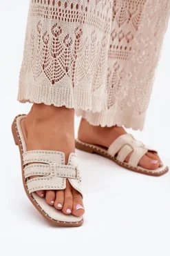 Damskie Boto Zdobione Klapki Na Płaskim Obcasie Beżowe Anniles