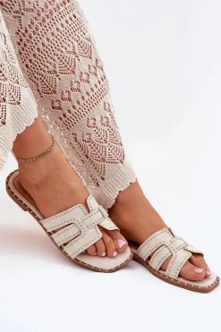 Damskie Boto Zdobione Klapki Na Płaskim Obcasie Beżowe Anniles