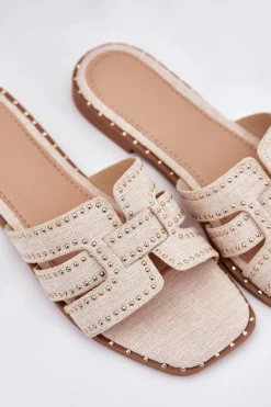 Damskie Boto Zdobione Klapki Na Płaskim Obcasie Beżowe Anniles