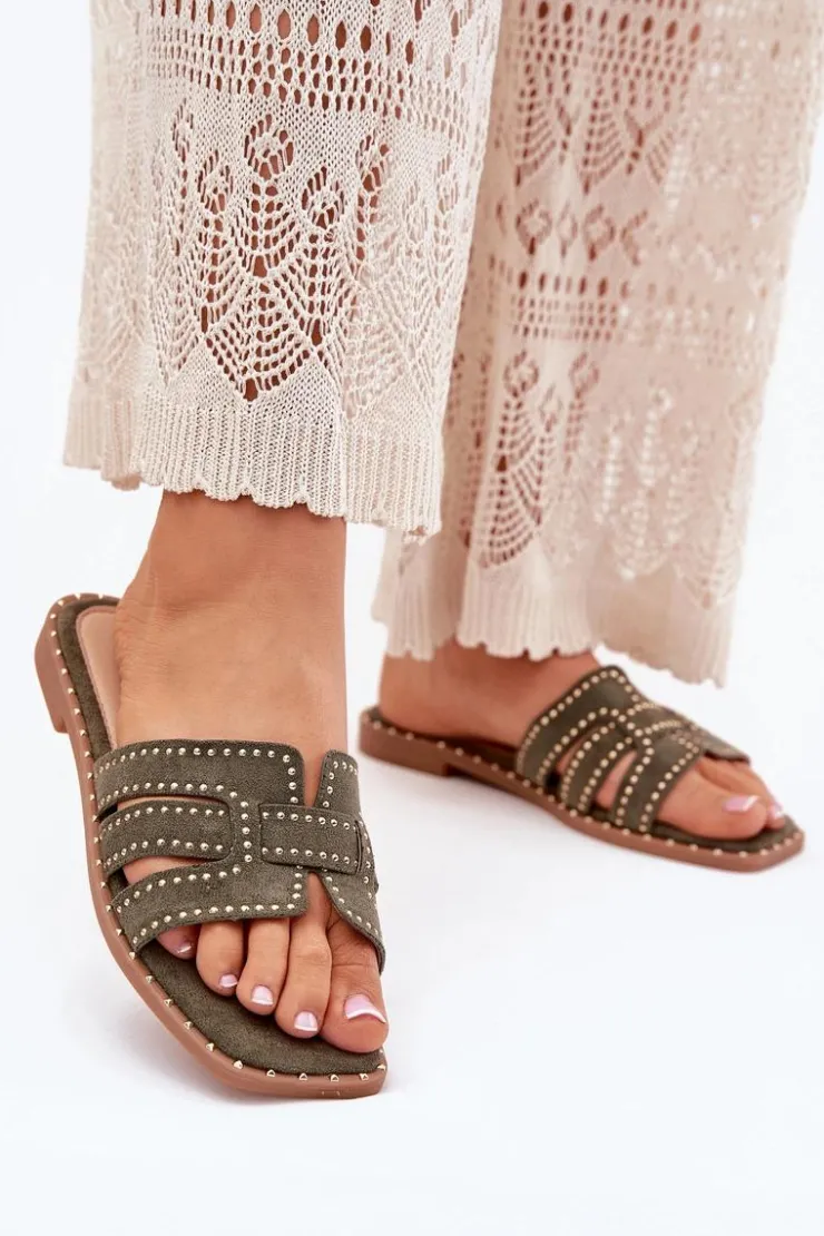 Hot Boto Zdobione Klapki Na Płaskim Obcasie Zielone Anniles Zielony