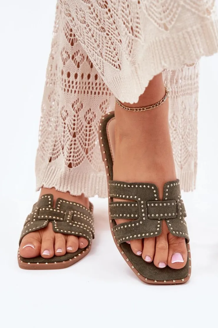 Hot Boto Zdobione Klapki Na Płaskim Obcasie Zielone Anniles Zielony