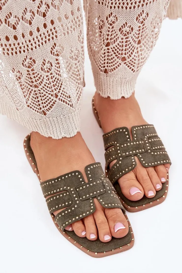 Hot Boto Zdobione Klapki Na Płaskim Obcasie Zielone Anniles Zielony