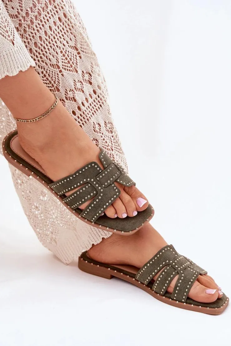 Hot Boto Zdobione Klapki Na Płaskim Obcasie Zielone Anniles Zielony