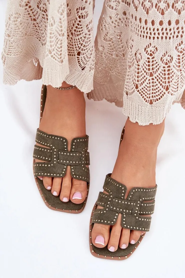 Hot Boto Zdobione Klapki Na Płaskim Obcasie Zielone Anniles Zielony