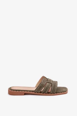 Hot Boto Zdobione Klapki Na Płaskim Obcasie Zielone Anniles Zielony