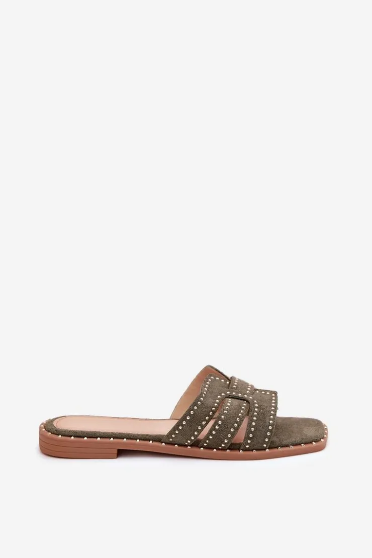 Hot Boto Zdobione Klapki Na Płaskim Obcasie Zielone Anniles Zielony