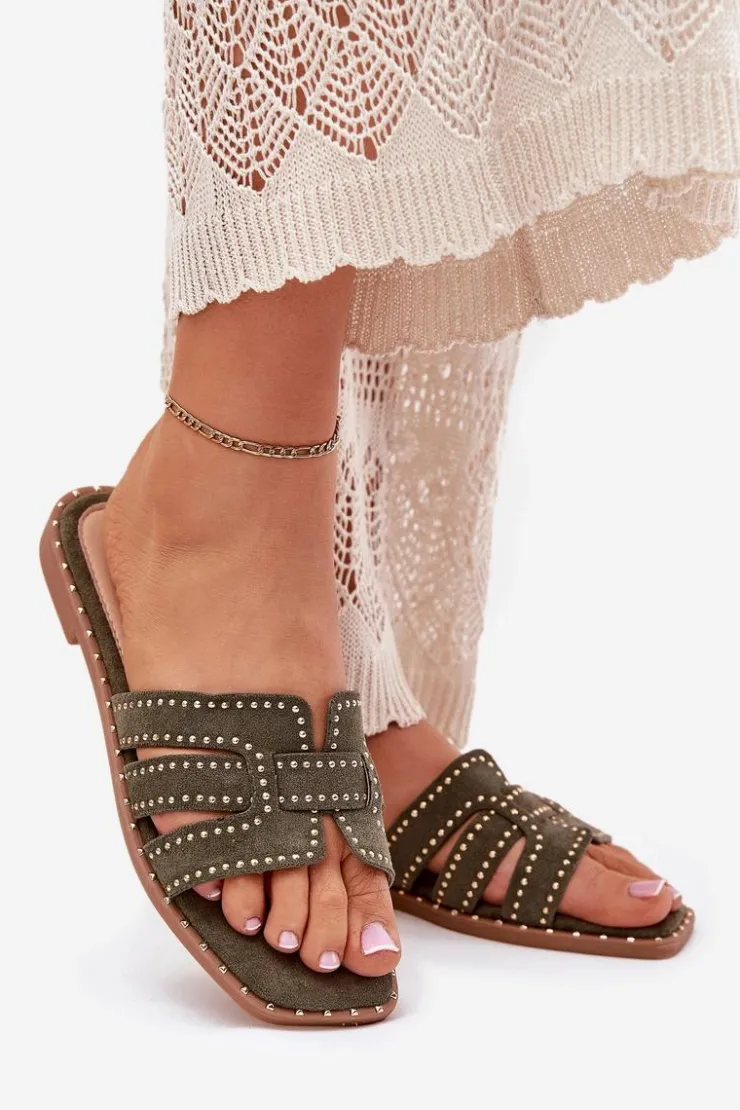 Hot Boto Zdobione Klapki Na Płaskim Obcasie Zielone Anniles Zielony